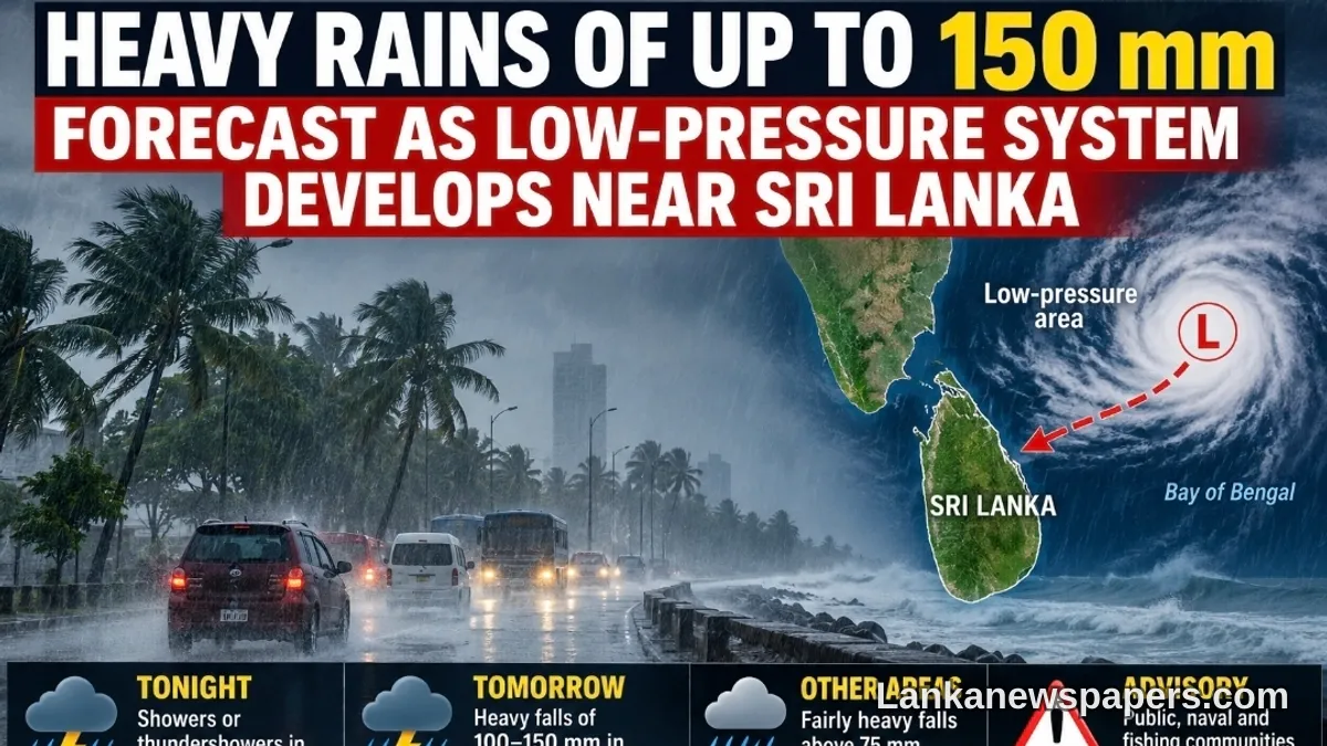 අඩු පීඩන තත්ත්වයක් ශ්රී ලංකාව අසල සෑදෙද්දී මිලිමීටර් 150ක් දක්වා තද වැසි ඇති විය හැකි බව කාලගුණ දෙපාර්තමේන්තුව අනතුරු අඟවයි
