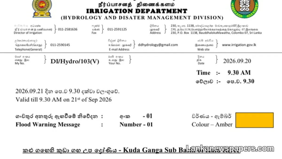 Amber Flood Alert Issued for Kuda Ganga Sub-Basin as Heavy Rains Batter Region
