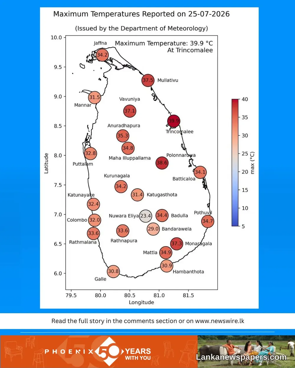ත්‍රිකුණාමලය 40°C සීමාවට ආසන්න වන අතර ශ්‍රී ලංකාව පුරා උෂ්ණත්වය ඉහළ යයි