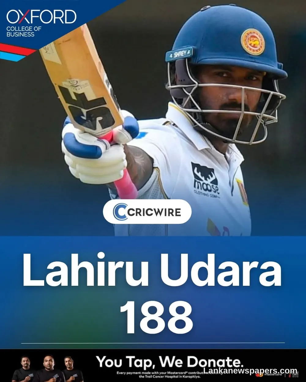 ලහිරු උදාරගේ අසාධාරණ 188 ක් ශ්රී ලංකාවට 338/5 ක ශක්තිමත් එකතුවක් ගෙනදේ