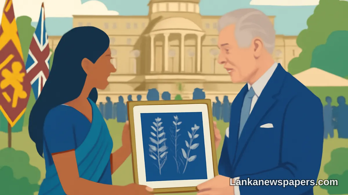 ලන්ඩන් උද්‍යාන සාදයකදී ශ්‍රී ලාංකික නිර්මාණ ශිල්පිනියක් තෙවන චාල්ස් රජුට මුල් සයනොටයිප් කලා කෘතියක් පිළිගන්වයි