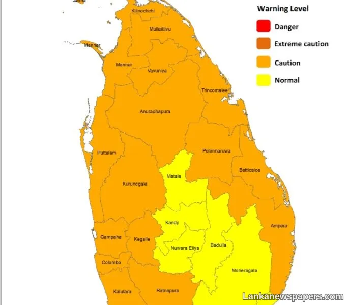 Heat Index at Caution Level in the Northern, North-central, North-western, Western, Sabaragamuwa and Eastern provinces during the day time