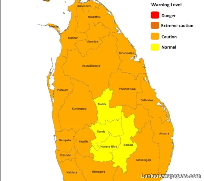Heat Index at Caution Level in the Northern, North-central, North-western, Western, Sabaragamuwa, Southern, and Eastern provinces and in Monaragala district during the day time