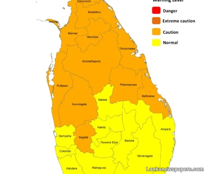 Heat Index at Caution Level in the Northern, North-central and North-western provinces and in Kegalle, Trincomalee and Batticaloa districts during the day time