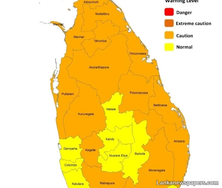Heat Index at Caution Level at some places in the Northern, North-central, Eastern, Sabaragamuwa and North-western provinces and in Monaragala district during the day time