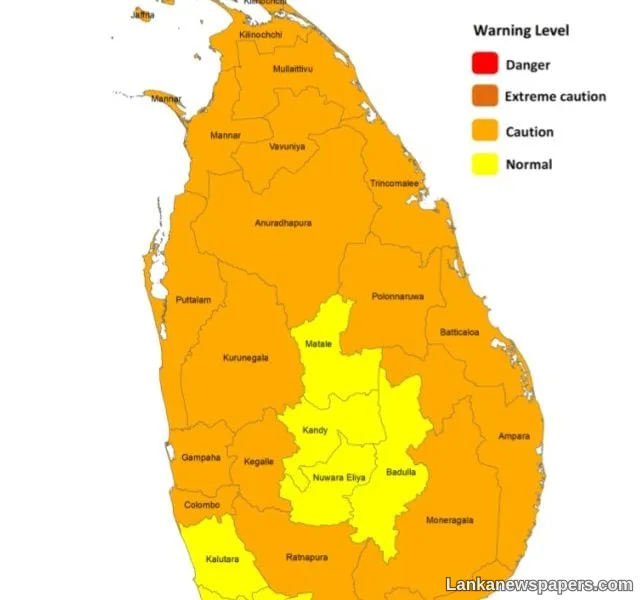 Heat Index at Caution Level in the Northern, North-central, Eastern, Sabaragamuwa and North-western provinces and in Colombo, Gampaha, Hambantota and Monaragala districts during the day time