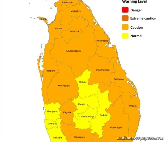 Heat index likely to increase up to ‘Caution level’ in the Sabaragamuwa, Northern, North-central, North-western, Eastern provinces and in Hambantota and Monaragala districts during the daytime