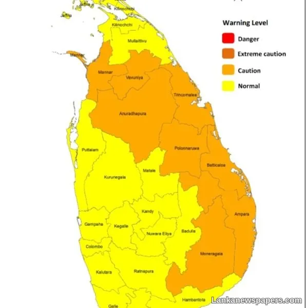 Heat Index is likely to increase up to ‘Caution level’ at some places in the North-central and Eastern provinces and in Mannar, Vavuniya and Monaragala districts during the daytime